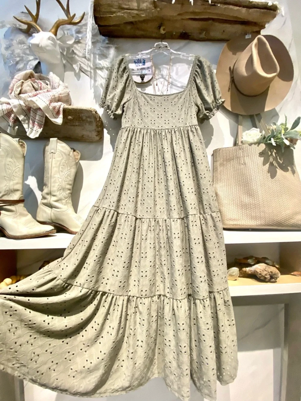 Sage green Farmhouse/prairie boho tiered dress shabby chic Country peasant vibe - Picture 12 of 12